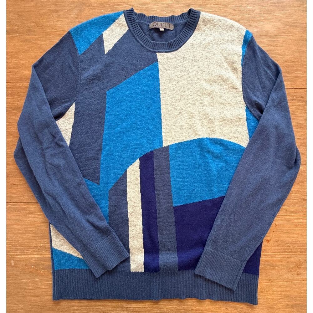 Quinn Silk Cashmere Geometric Sweater XL Blue Colorblock Lightweight Knit